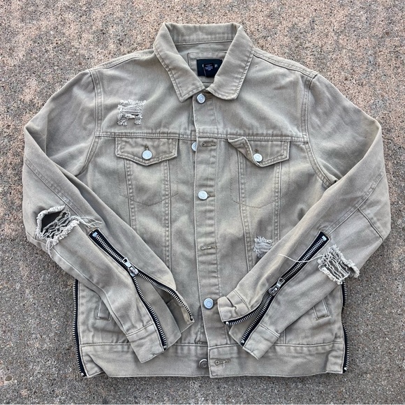 Forever 21 Distressed Tan Denim Jacket w zippers - Picture 1 of 5